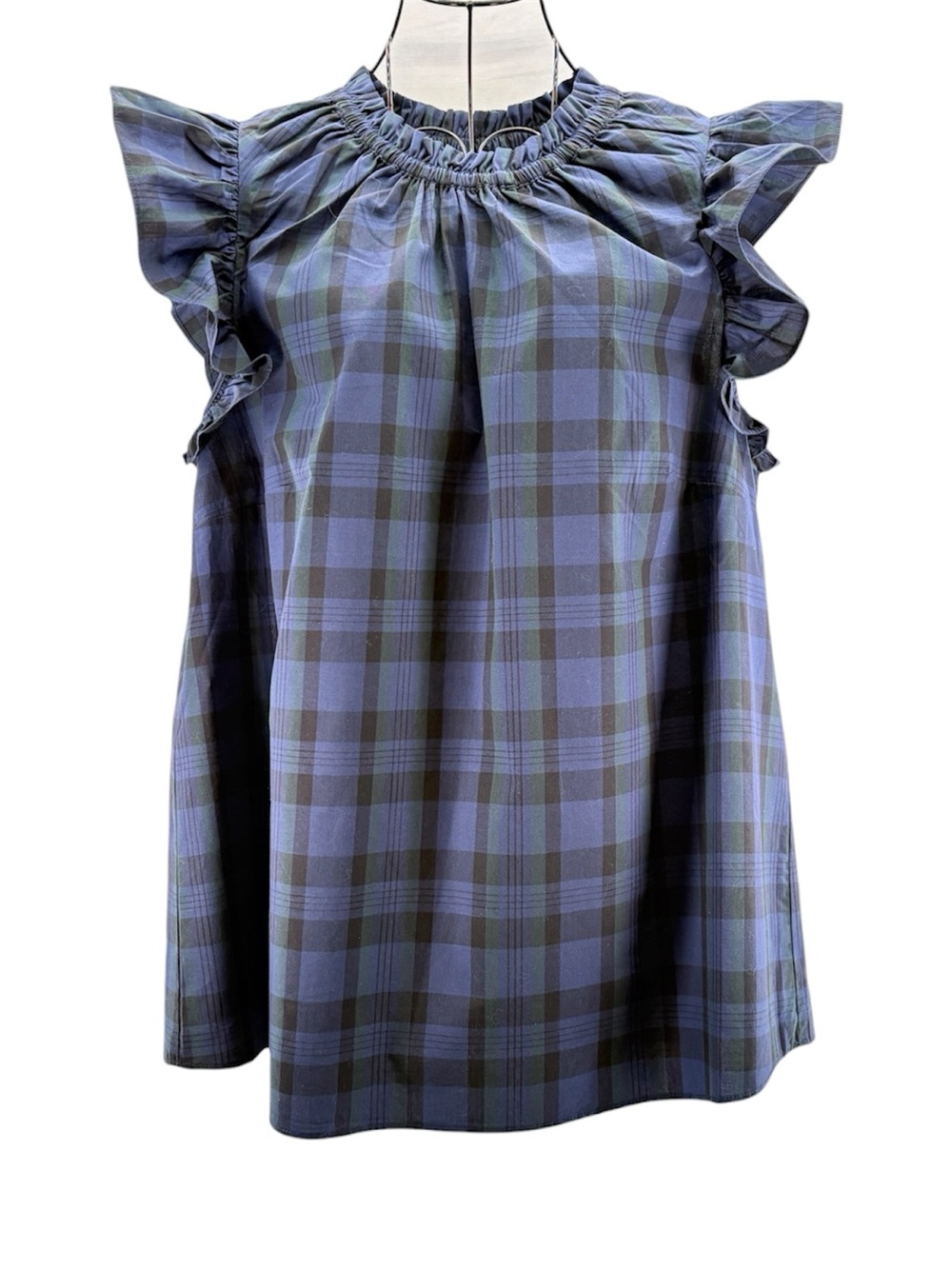 NEW Sail to Sable Blue Black Tartan Plaid Ruffle Sleeve Blouse Top Size Large